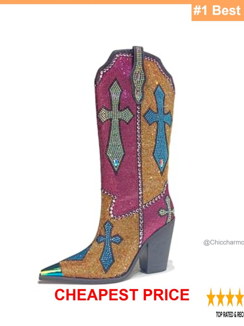 Rhinestone Western Cowboy Boots Pointed Toe Knee High Faux Leather